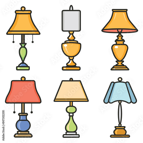 Six colorful table lamps vector illustration isolated white background. Different designs styles shapes colors desk lamps, lighting fixtures. Cartoon style electric lamps home interior decor
