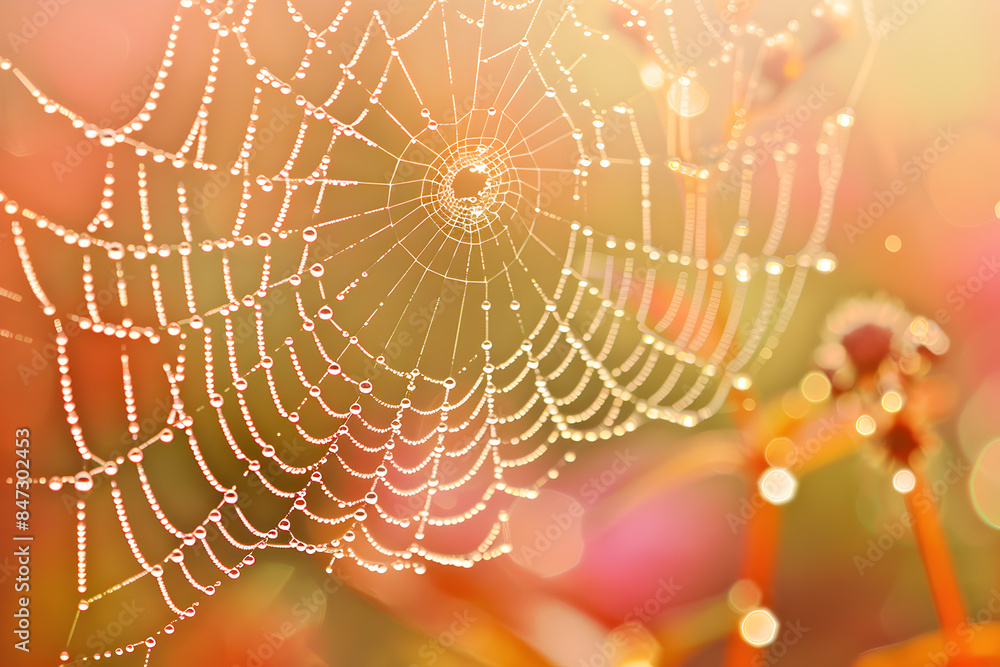 Naklejka premium A close-up of a delicate spider web glistening with dew drops.