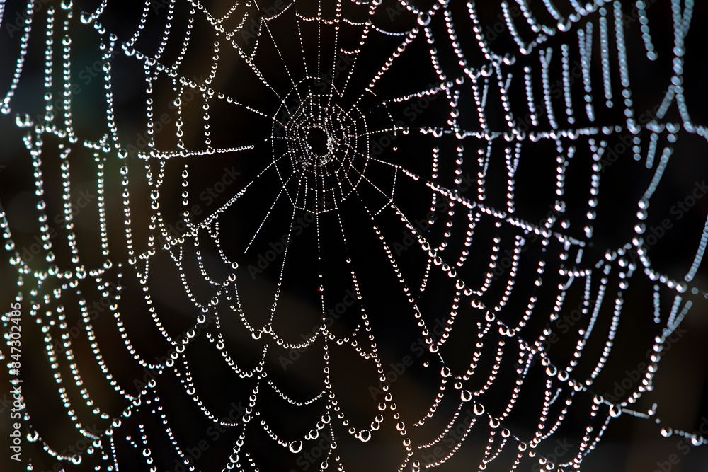 Naklejka premium A close-up of a delicate spider web glistening with dew drops.