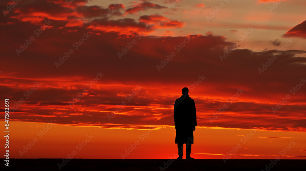 Silhouette of man standing against red sky at sunset, panoramic view. The silhouette is centered and looking towards the horizon where it meets another cloud formation Silhouette of man standing against red sky at sunset, panoramic view. The silhouette is centered and looking towards the horizon where it meets another cloud formation
