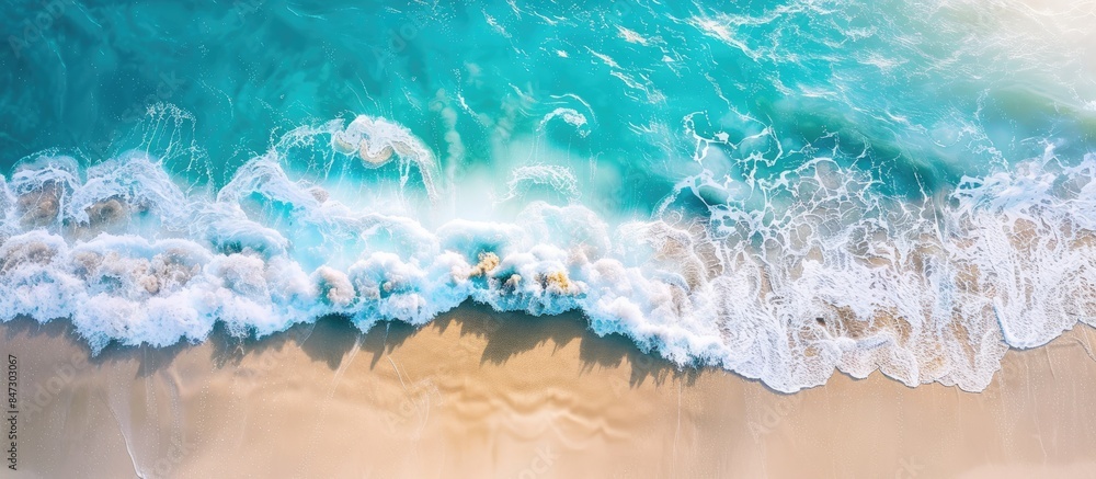 Peaceful beach scene captured from above with calming waves, stunning blue ocean, and sunlit coastline. Ideal banner for summer vacation getaways. Peaceful beach scene captured from above with calming waves, stunning blue ocean, and sunlit coastline. Ideal banner for summer vacation getaways.