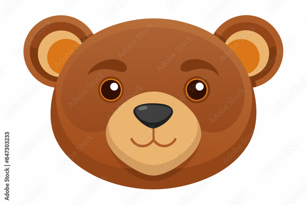Brown toy bear face with big eyes and a smile isolated on a white background. Cute baby plush bear head. Concept of kids toys, childhood, fun, game, playtime. Print, icon, design element Brown toy bear face with big eyes and a smile isolated on a white background. Cute baby plush bear head. Concept of kids toys, childhood, fun, game, playtime. Print, icon, design element