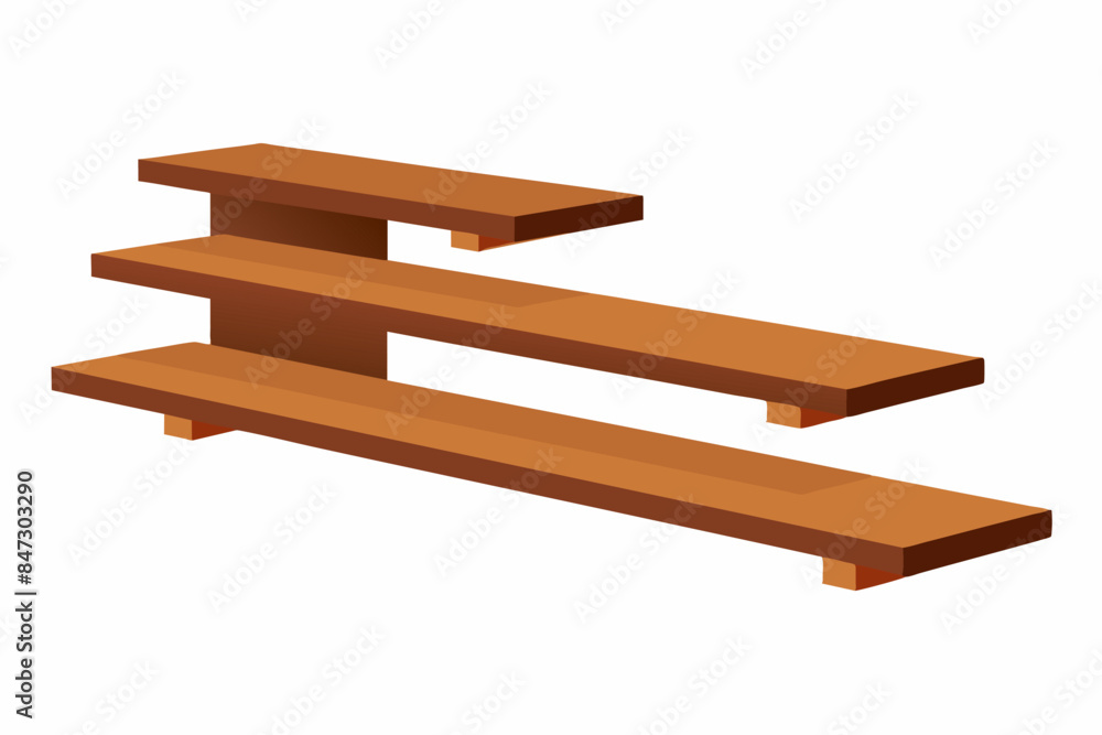 Brown wooden floating shelves isolated on a white background. Minimalist shelving unit with simple design. Concept of home decor, organization, storage, furniture, interior design Brown wooden floating shelves isolated on a white background. Minimalist shelving unit with simple design. Concept of home decor, organization, storage, furniture, interior design