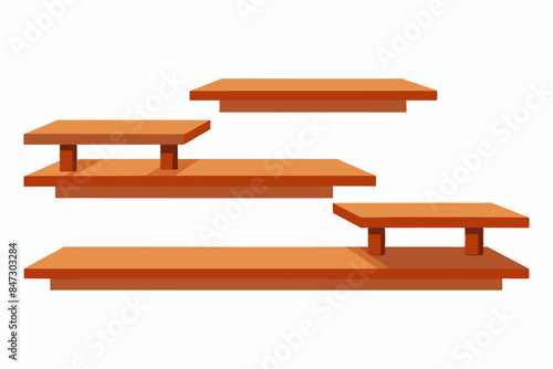 Brown wooden floating shelves isolated on a white background. Minimalist shelving unit with simple design. Concept of home decor, organization, storage, furniture, interior design