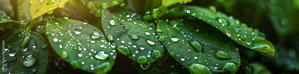 wide macro closeup photo of plant branch with green color healthy leaves with water drops on it wide macro closeup photo of plant branch with green color healthy leaves with water drops on it