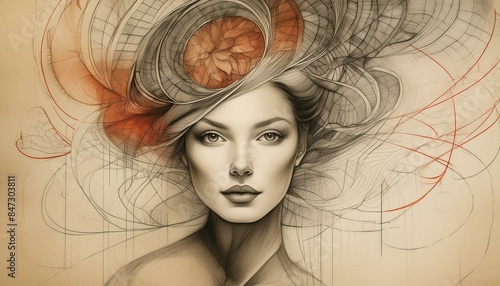 retro abstract image of a young woman; pencil drawing on old paper vintage style design, color effect and pallette