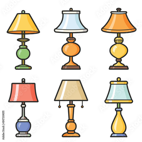 Flat design table lamps collection isolated white background. Assorted colorful desk lamps suitable interior design elements. Home decor lighting fixtures cartoon illustration