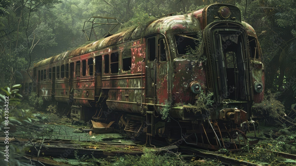 The dilapidated train wreckage appears frightening The dilapidated train wreckage appears frightening