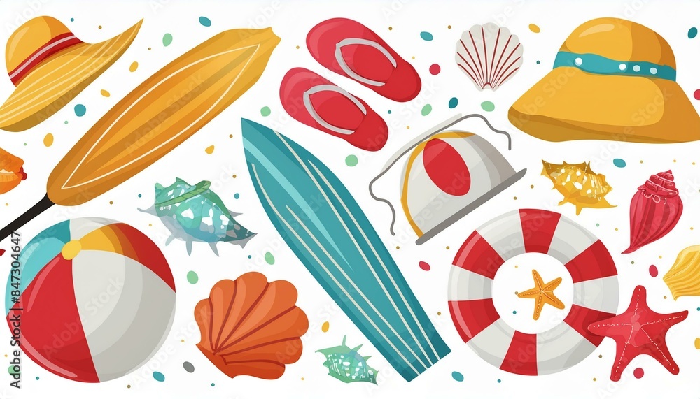 Obraz premium Set von Sommerzubehör-Elementen für den Urlaub, isoliert auf weißem Hintergrund, Strandartikel zum Schwimmen und Entspannen, Strandball, Muschel, Hut und andere.