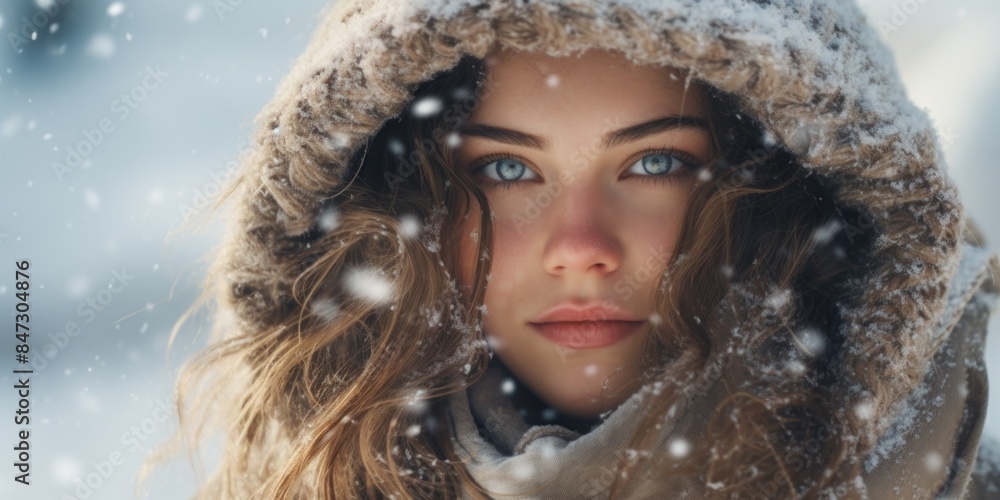 A woman wears a hooded jacket while standing in the snow, useful for winter or cold weather scenes A woman wears a hooded jacket while standing in the snow, useful for winter or cold weather scenes