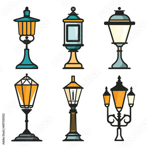 Five vintage street lamps illustrated various designs colors, lamp features unique details stands out against isolated white background, styles range classic ornate, highlighted glass panes metal