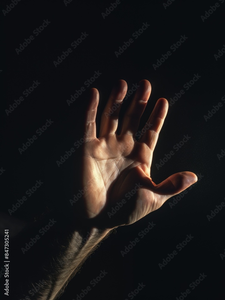 Fototapeta premium A person holds their hand up towards an unknown light source in a dark environment