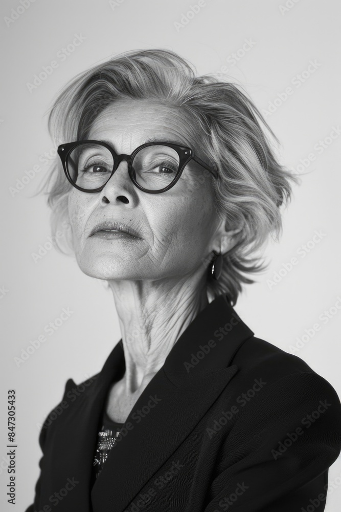 A close-up photo of a woman with glasses, captured in black and white