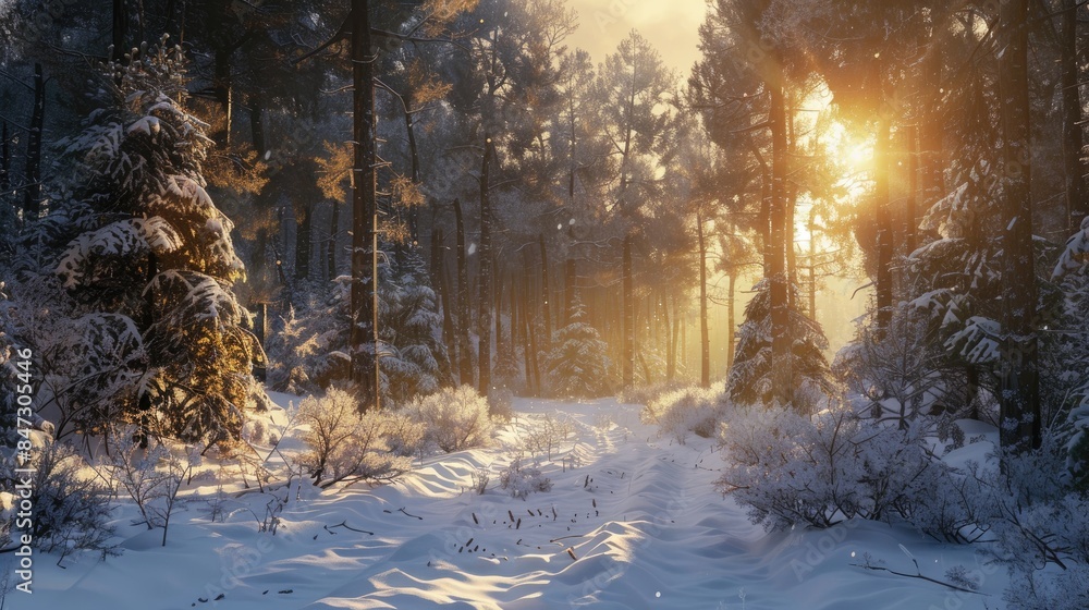 Naklejka premium The sunlight peeks through the trees offering a glimmer of hope for the coming spring amidst the wintry landscape of pine forests snow and sunshine in the village