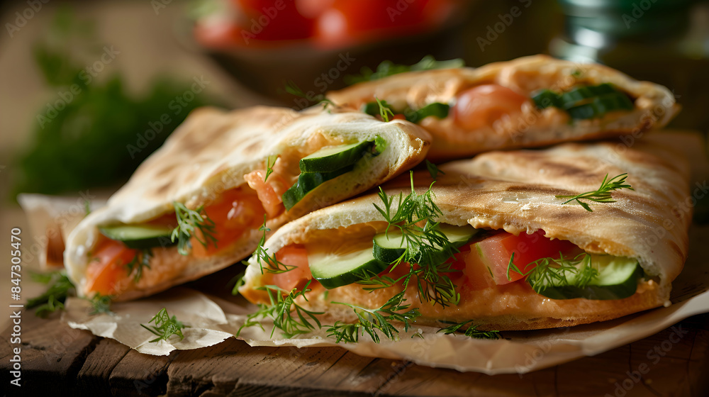A freshly made fast food pita with vibrant ingredients and soft bread A freshly made fast food pita with vibrant ingredients and soft bread