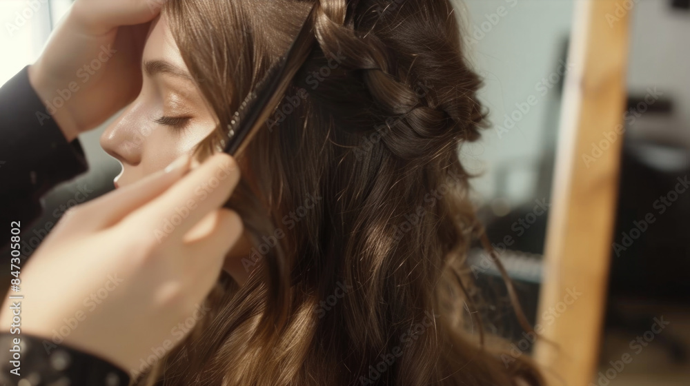 Obraz premium A woman sitting in a salon chair having her hair styled by a professional hairstylist