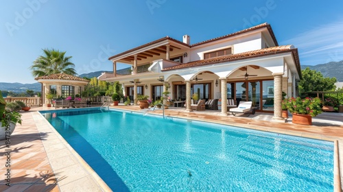 A stunning luxury villa with a clear blue swimming pool in the foreground and mountains in the background under a blue sky © Matthew