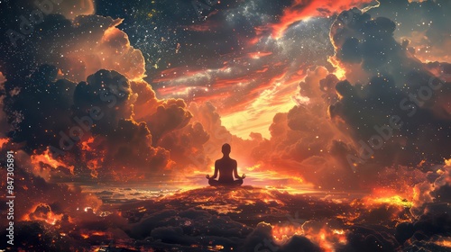 A serene figure meditates surrounded by ethereal clouds, radiant light, and fiery elements, exuding tranquility