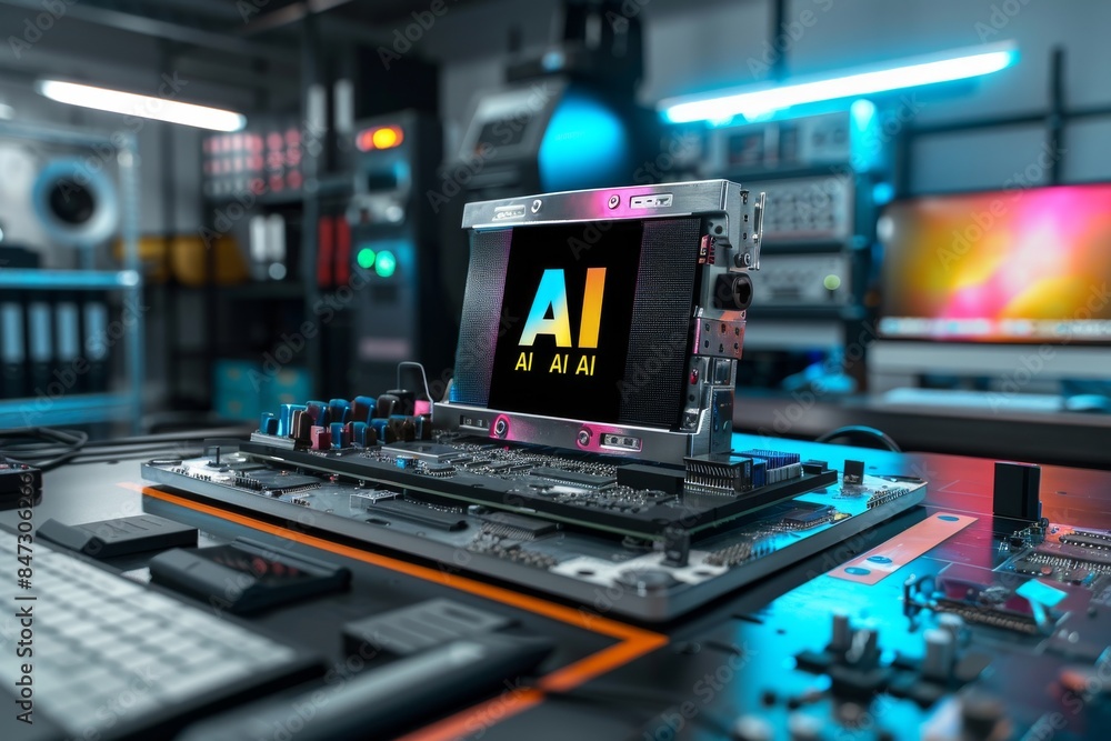 High tech AI server room with glowing elements, symbolizing advanced technology, innovation, and dynamic data processing in a vibrant, modern setting High tech AI server room with glowing elements, symbolizing advanced technology, innovation, and dynamic data processing in a vibrant, modern setting