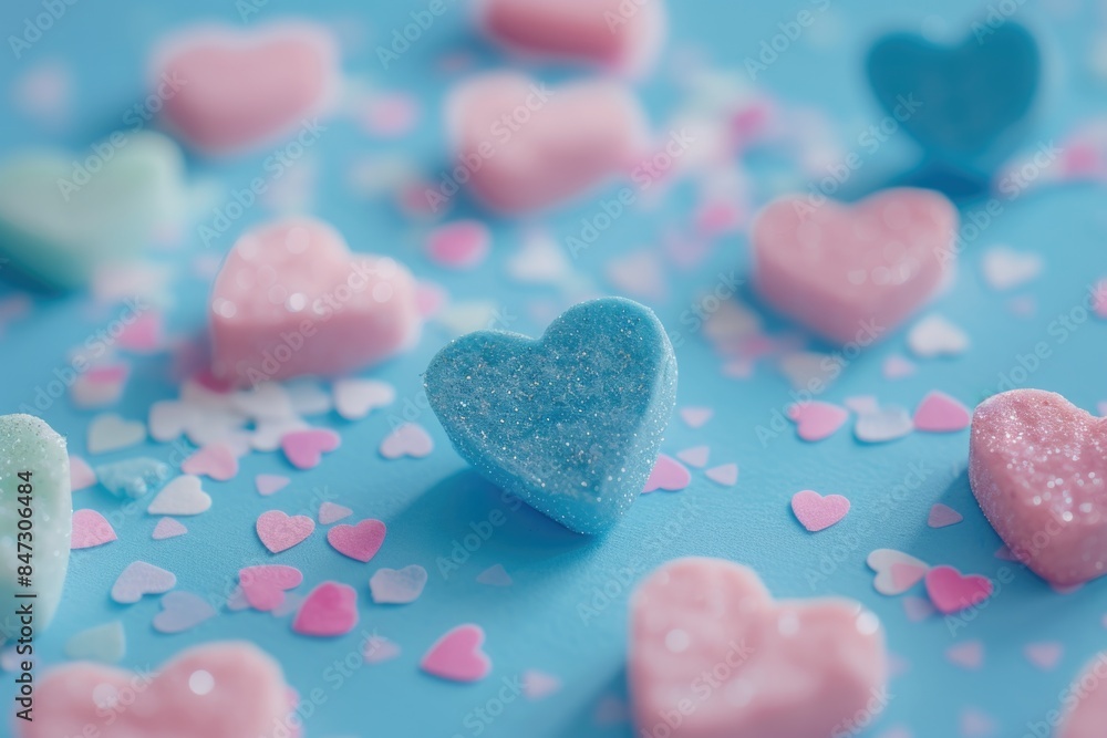 A collection of hearts arranged on a blue surface, perfect for use in designs and layouts where a touch of love and romance is needed A collection of hearts arranged on a blue surface, perfect for use in designs and layouts where a touch of love and romance is needed