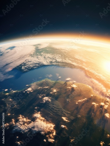 Image of the Earth with the sun rising in the background, taken from space © vefimov