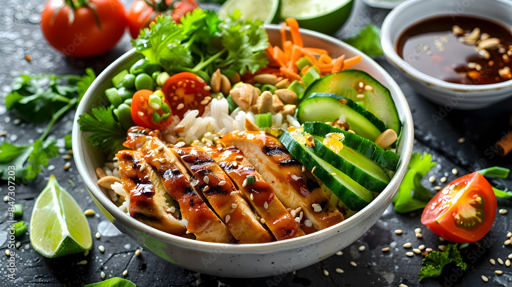 A hearty fast food rice bowl with grilled chicken, vegetables, and a flavorful sauce A hearty fast food rice bowl with grilled chicken, vegetables, and a flavorful sauce