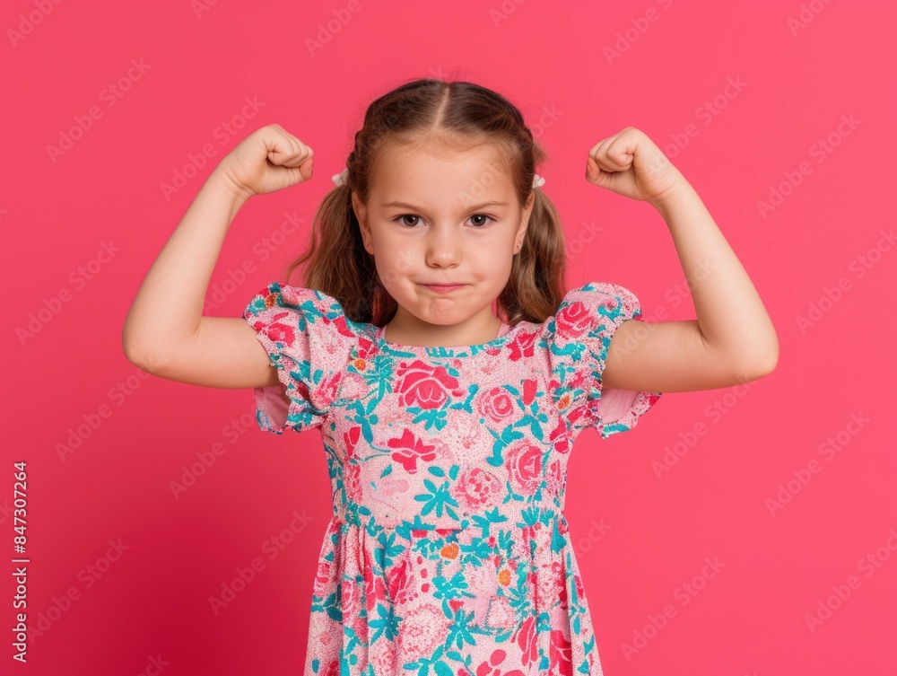 A young girl standing in front of a pink background, flexing her muscles and showing off her physical fitness A young girl standing in front of a pink background, flexing her muscles and showing off her physical fitness