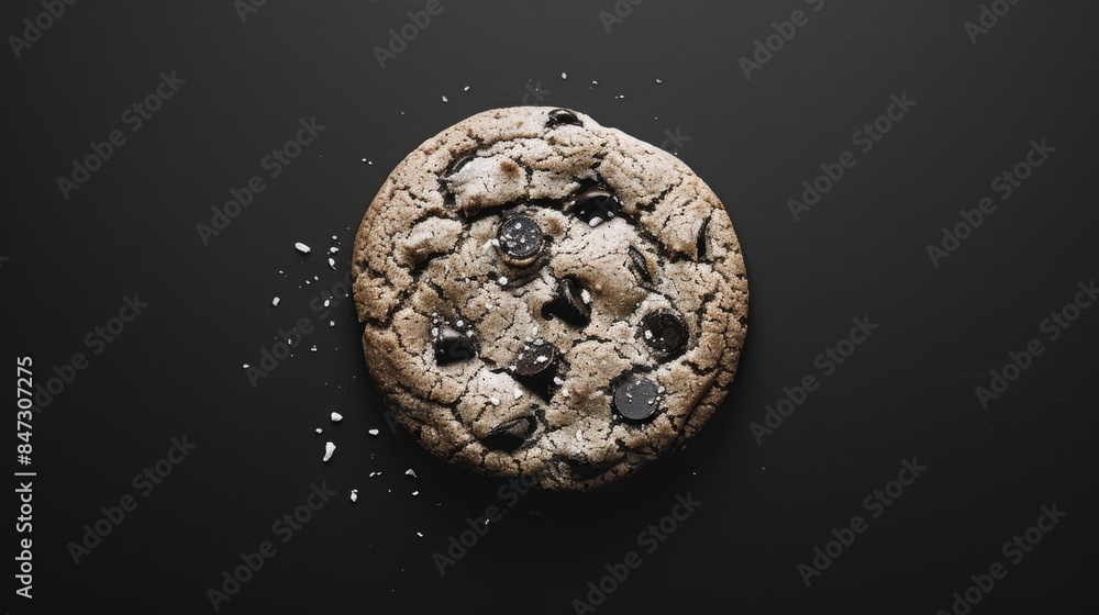 A single chocolate chip cookie placed on a black surface A single chocolate chip cookie placed on a black surface