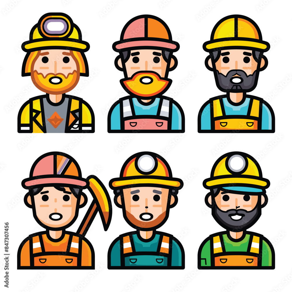 Six cartoon miners wearing hard hats safety vests. Miners display diverse hairstyles facial hair. Safety gear includes helmets headlights, vests, overalls Six cartoon miners wearing hard hats safety vests. Miners display diverse hairstyles facial hair. Safety gear includes helmets headlights, vests, overalls