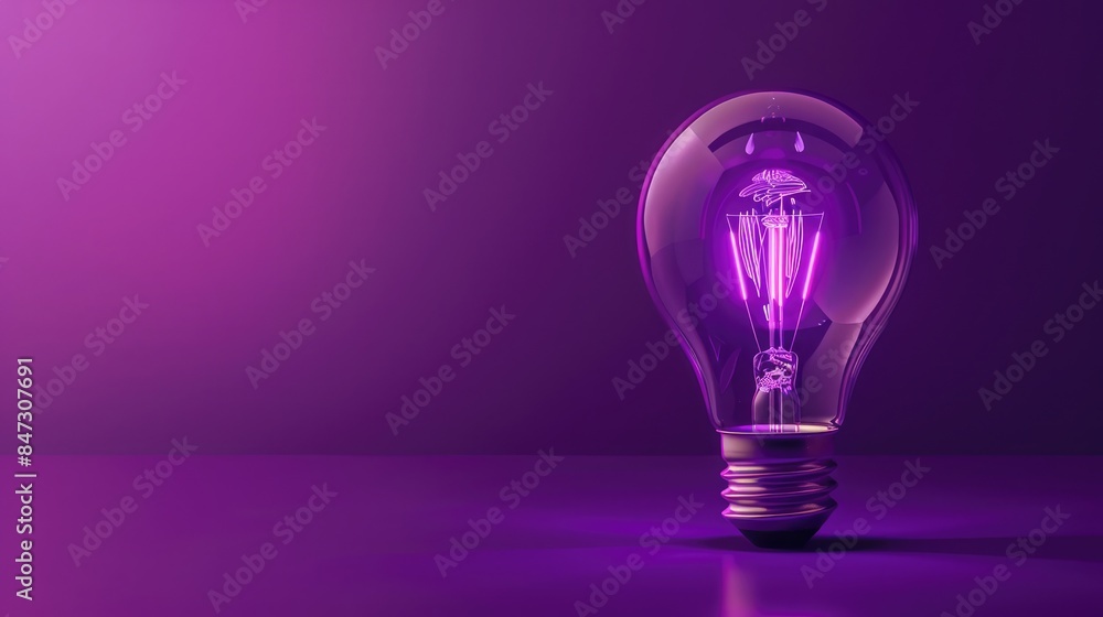 Transparent light bulb glowing faintly on a deep purple background with ample copyspace Transparent light bulb glowing faintly on a deep purple background with ample copyspace