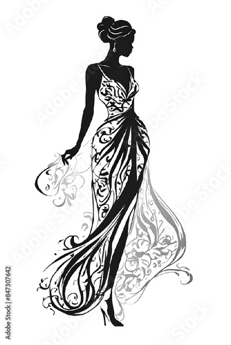 A girl in a very beautiful ornate dress, black silhouette of a beautiful woman, transparent background, sophisticated, highly detailed, modest dress