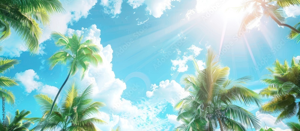 Tropical summer getaway backdrop with palm trees under a vibrant blue sky and fluffy clouds, perfect for your travel snaps. Tropical summer getaway backdrop with palm trees under a vibrant blue sky and fluffy clouds, perfect for your travel snaps.