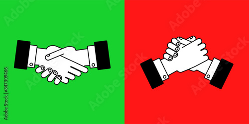 Handshake and arm wrestling vector icons set in simple flat style. Red and green colors. Cooperation and competition business concept.
