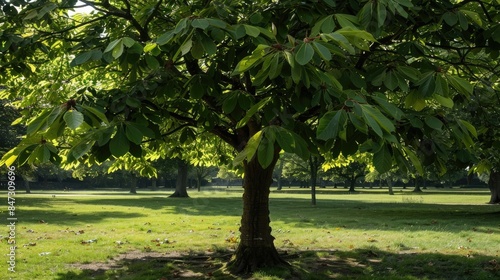 Horse chestnut tree displaying broad green leaves within the park photo