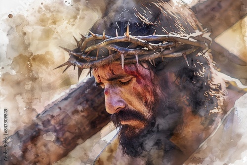 A person wearing a crown of thorns, often associated with Christian martyrdom or symbolic of suffering and sacrifice photo