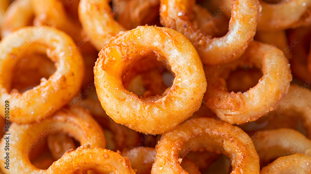 A pile of freshly cooked fast food onion rings, with a golden-brown color and crispy edges A pile of freshly cooked fast food onion rings, with a golden-brown color and crispy edges
