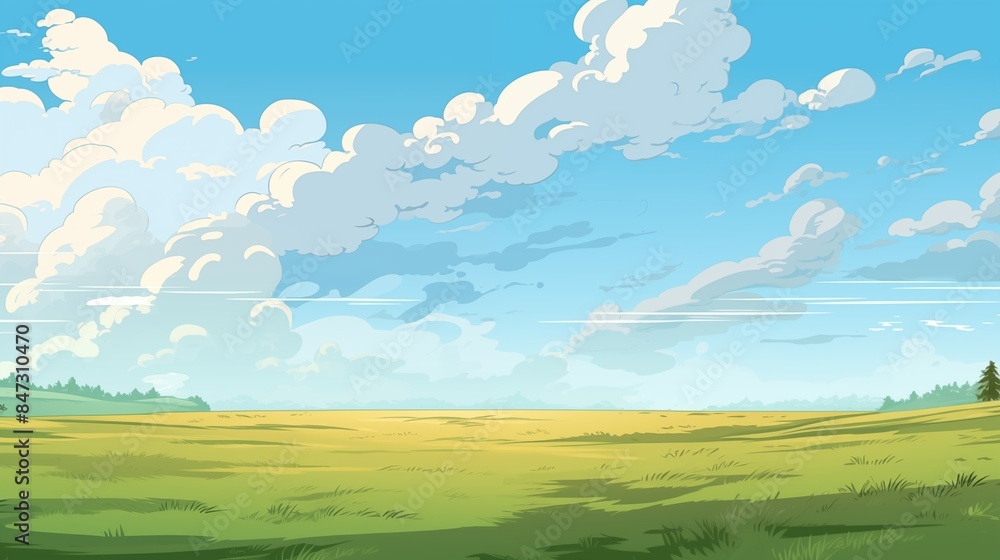 Obraz premium A Serene and Expansive Countryside Landscape with Fluffy Clouds and Green Fields Under Clear Blue Sky