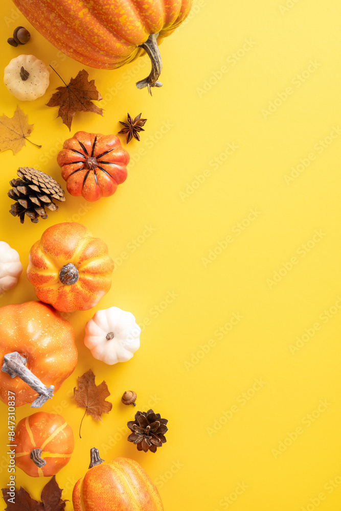 Fototapeta premium Vertical flat lay autumn composition with various pumpkins, leaves, and pine cones on a vibrant yellow background