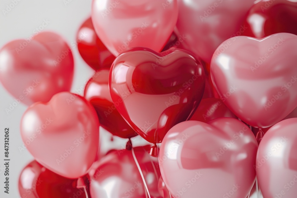 Red and pink heart-shaped balloons in various sizes and shapes Red and pink heart-shaped balloons in various sizes and shapes