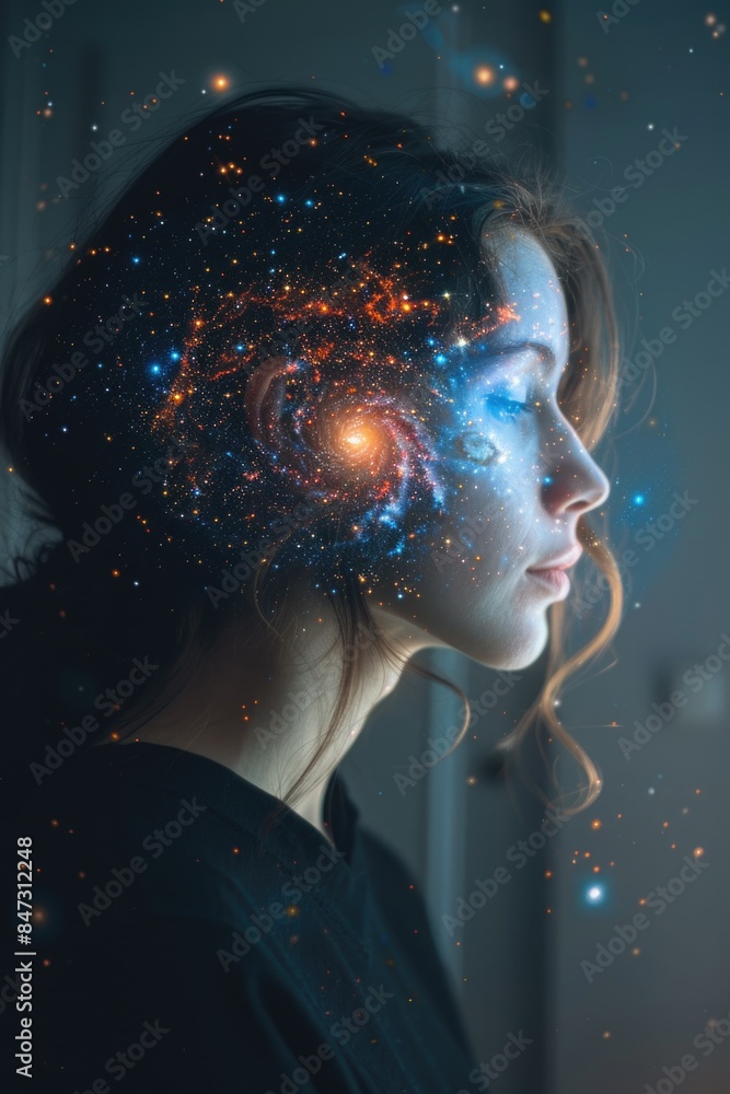 A woman looks up at the night sky, eyes closed in contemplation A woman looks up at the night sky, eyes closed in contemplation