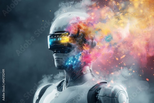 Futuristic AI robot with colorful smoke, symbolizing advanced technology, innovation, and dynamic interaction in a high tech, vibrant setting © Leo
