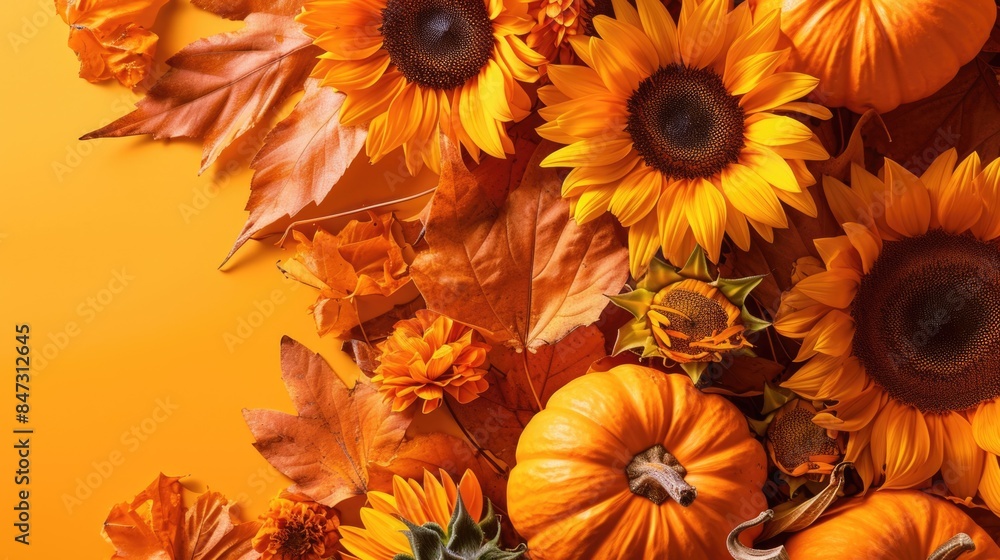 A still life composition featuring a variety of pumpkins and sunflowers arranged on a table A still life composition featuring a variety of pumpkins and sunflowers arranged on a table