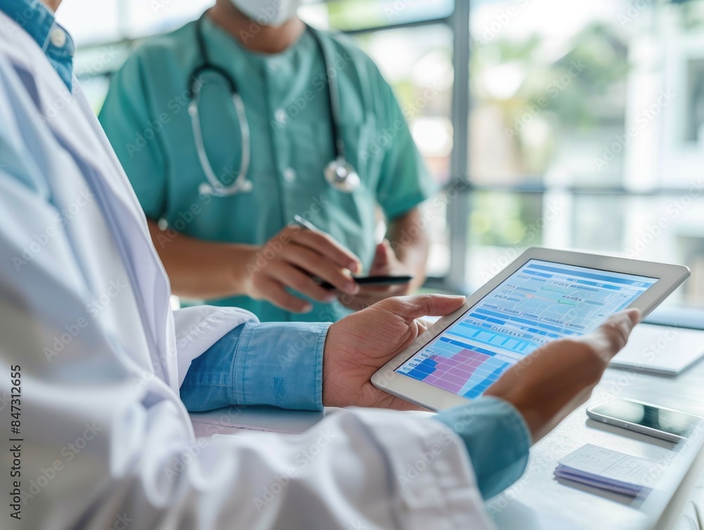 A doctor and a nurse examining a tablet together A doctor and a nurse examining a tablet together