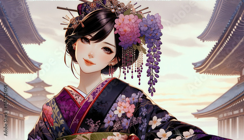 日本画（Japanese painting）／美人画　美女　着物　anime　イラスト　藤