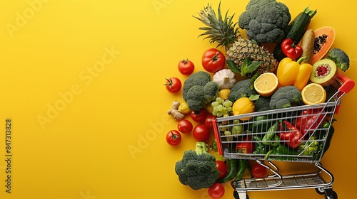 Wallpaper Mural A shopping cart filled with fresh fruits and vegetables, including pineapple, broccoli, bell peppers, and tomatoes, on a bright yellow background

 Torontodigital.ca