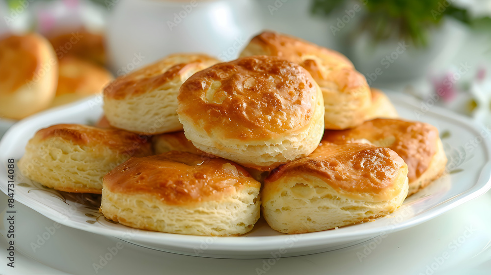 A plate of freshly baked fast food biscuits with a golden crust and soft interior A plate of freshly baked fast food biscuits with a golden crust and soft interior