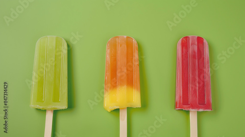 Photo of three Popsicle of different color, colorful background, summer theme 