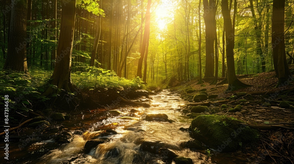 Obraz premium Spring Forest Scene with Sunlight and Flowing Stream Nature s Rejuvenation