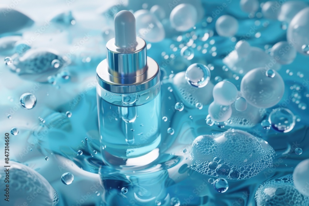 A plastic bottle filled with blue liquid and surrounded by soap-like bubbles A plastic bottle filled with blue liquid and surrounded by soap-like bubbles