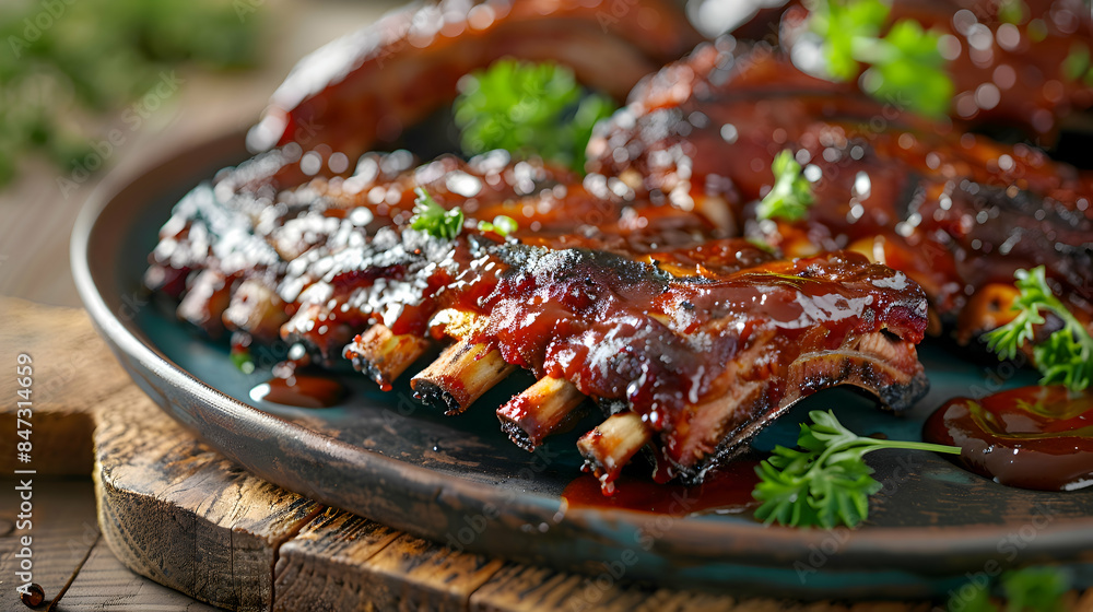 A plate of freshly grilled fast food ribs with vibrant colors and rich textures A plate of freshly grilled fast food ribs with vibrant colors and rich textures